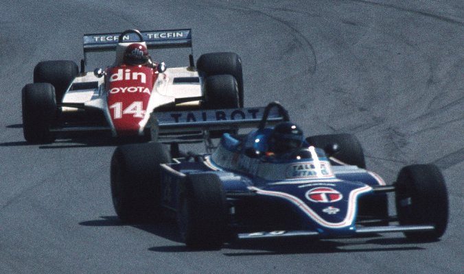 Jacques Laffite (26, Talbot Ligier JS17), Eliseo Salazar (14, Ensign N180B)